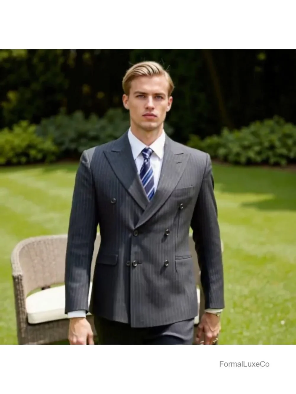 Men's Double Breasted Slim Fit 2 Piece Suit, Stretch Formal Wedding Business